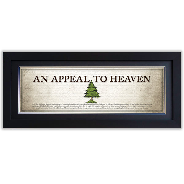 An Appeal To Heaven Flag - Framed 2” Black Double Matted, Flat Molding 11 ¾" x 36"