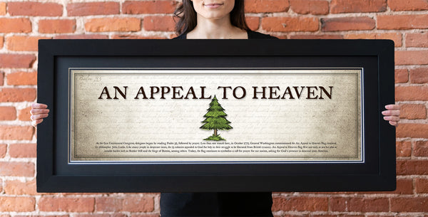 An Appeal To Heaven Flag - Framed 2” Black Double Matted, Flat Molding 11 ¾" x 36"