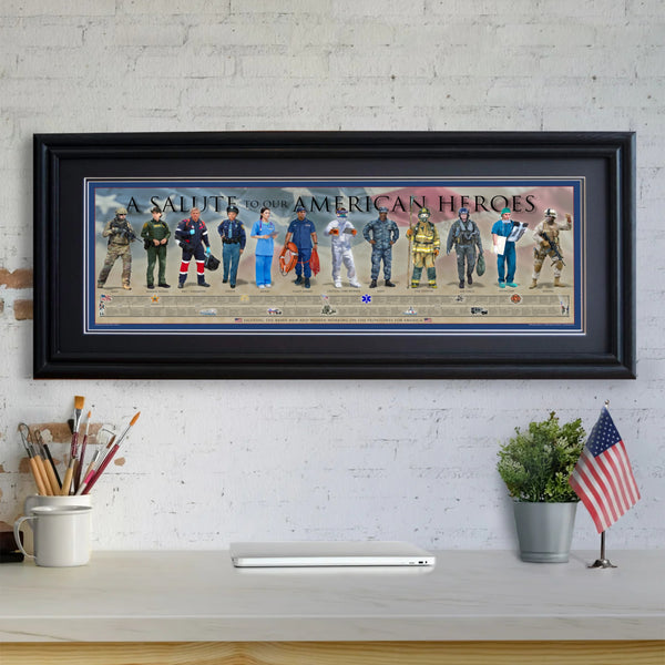 A Salute to our American Heroes - Framed 2” Black Double Matted, Grooved Molding 11 ¾" x 36"