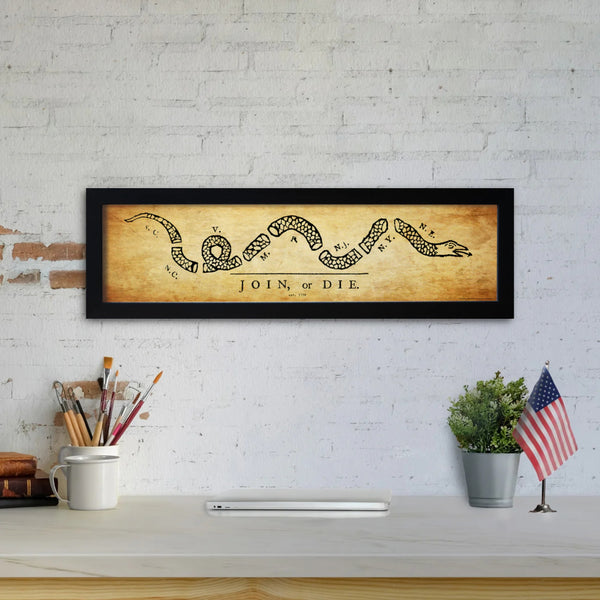 Join or Die - Framed 1", printed with a matte finish, 6" x 24"