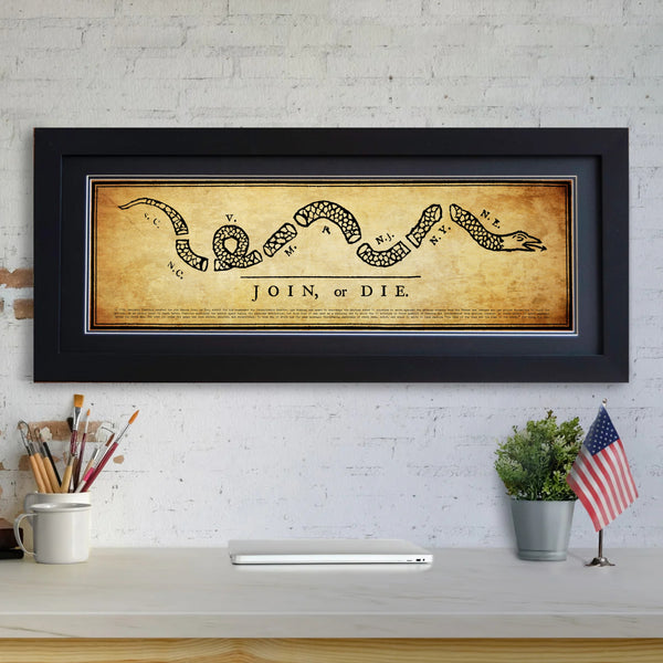 Join or Die - Framed 2” Black Double Matted, Flat Molding 11 ¾" x 36"