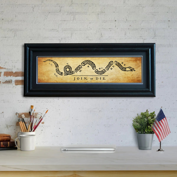 Join or Die - Framed 2" Black Double Matted, Grooved Molding 6" x 24"