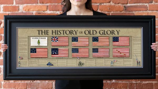 The History of Old Glory - Framed 2” Black Double Matted, Grooved Molding 11 ¾" x 36"