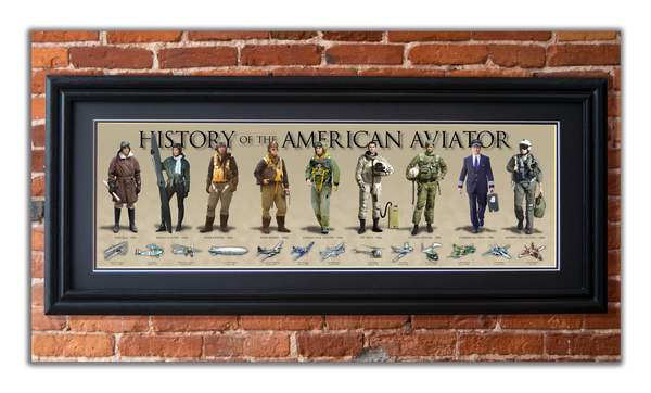 History of the American Aviator - Framed 2” Black Double Matted, Grooved Molding 11 ¾" x 36"