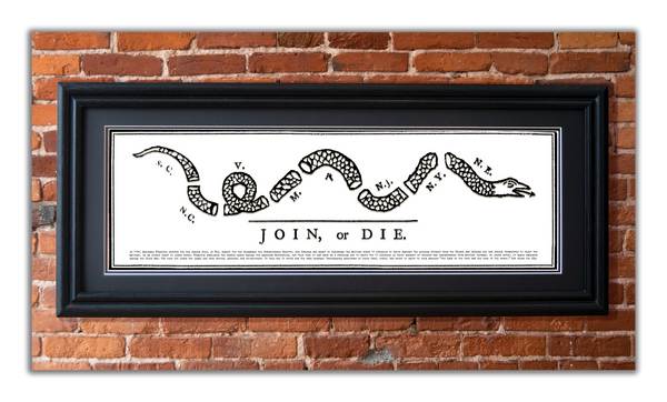 Join or Die - Framed 2” Black Double Matted, Grooved Molding 11 ¾" x 36"