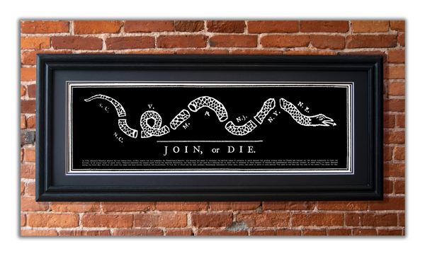 Join or Die - Framed 2” Black Double Matted, Grooved Molding 11 ¾" x 36"