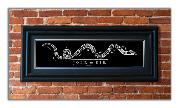 Join or Die - Framed 2" Black Double Matted, Grooved Molding 6" x 24"