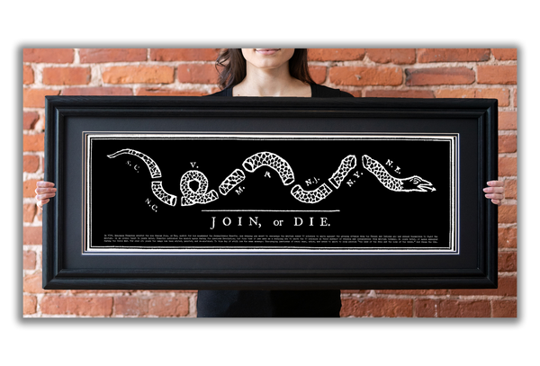 Join or Die - Framed 2” Black Double Matted, Grooved Molding 11 ¾" x 36"