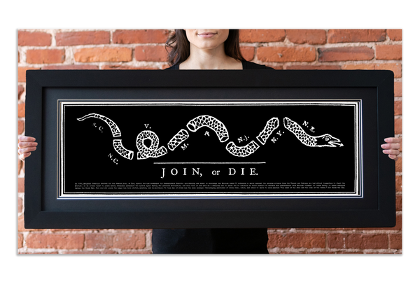 Join or Die - Framed 2” Black Double Matted, Flat Molding 11 ¾" x 36"