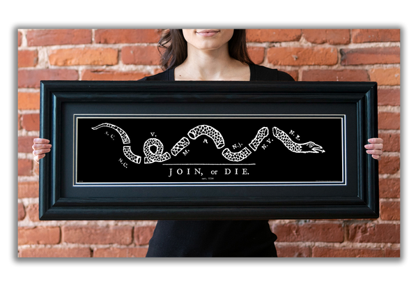 Join or Die - Framed 2" Black Double Matted, Grooved Molding 6" x 24"