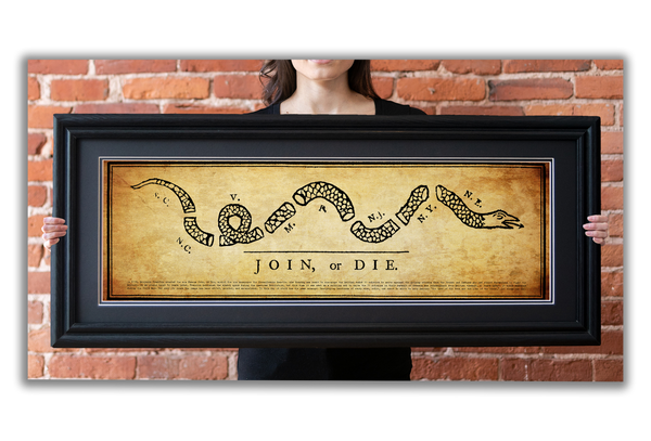 Join or Die - Framed 2” Black Double Matted, Grooved Molding 11 ¾" x 36"