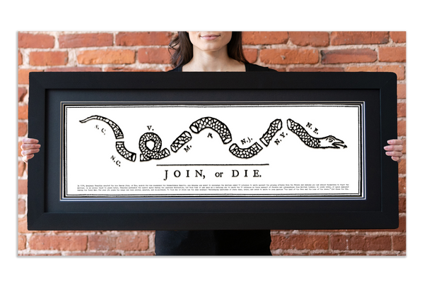Join or Die - Framed 2” Black Double Matted, Flat Molding 11 ¾" x 36"