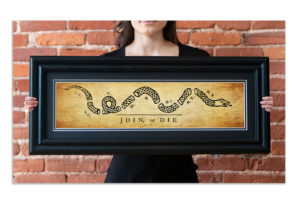 Join or Die - Framed 2" Black Double Matted, Grooved Molding 6" x 24"