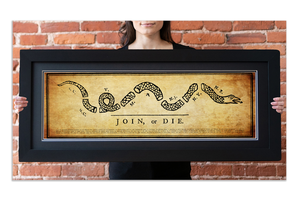 Join or Die - Framed 2” Black Double Matted, Flat Molding 11 ¾" x 36"