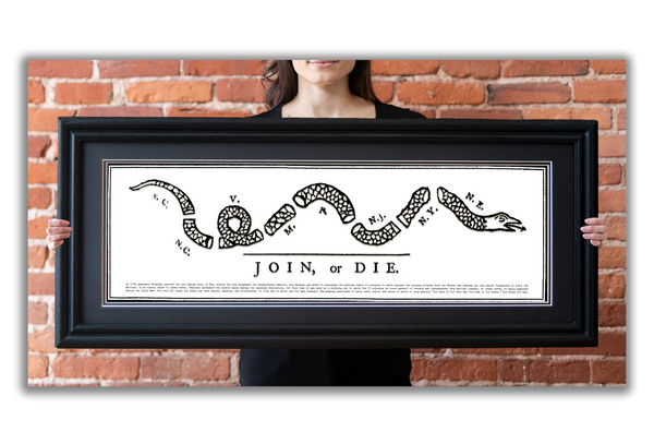 Join or Die - Framed 2” Black Double Matted, Grooved Molding 11 ¾" x 36"