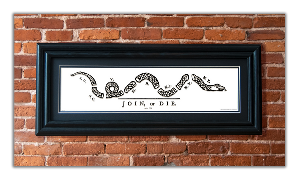 Join or Die - Framed 2" Black Double Matted, Grooved Molding 6" x 24"