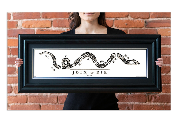Join or Die - Framed 2" Black Double Matted, Grooved Molding 6" x 24"