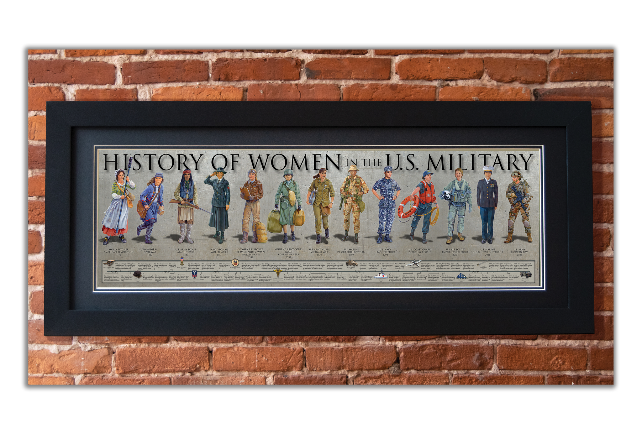 Women in Military - Framed 2” Black Double Matted, Flat Molding 11 ¾" x 36”