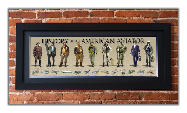 History of the American Aviator - Framed 2” Black Double Matted, Flat Molding 11 ¾" x 36"
