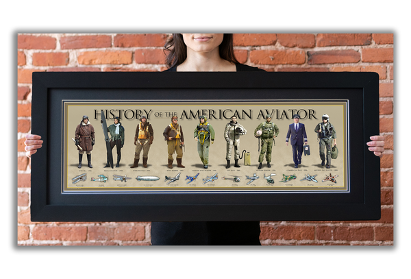 History of the American Aviator - Framed 2” Black Double Matted, Flat Molding 11 ¾" x 36"