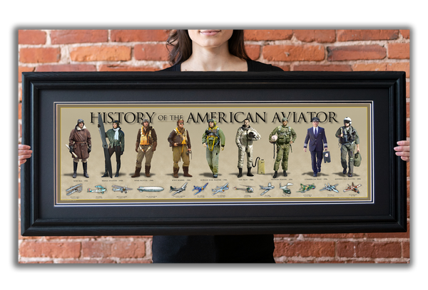 History of the American Aviator - Framed 2” Black Double Matted, Grooved Molding 11 ¾" x 36"
