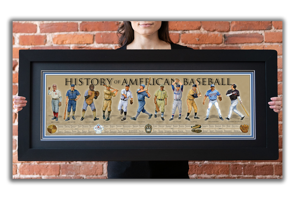 History of American Baseball - Framed 2” Black Double Matted, Flat Molding 11 ¾" x 36"