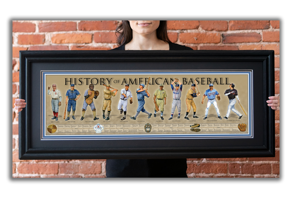 History of American Baseball - Framed 2” Black Double Matted, Grooved Molding 11 ¾" x 36"
