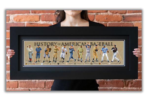History of American Baseball - Framed 2" Black Double Matted, Flat Molding 6" x 24"