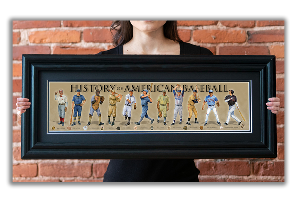 History of American Baseball - Framed 2" Black Double Matted, Grooved Molding 6" x 24"