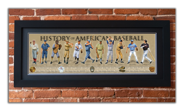 History of American Baseball - Framed 2” Black Double Matted, Flat Molding 11 ¾" x 36"