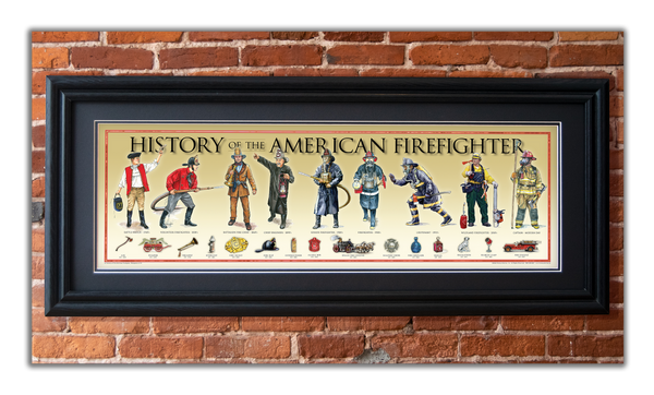 History of the American Firefighter - Framed 2” Black Double Matted, Grooved Molding 11 ¾" x 36"