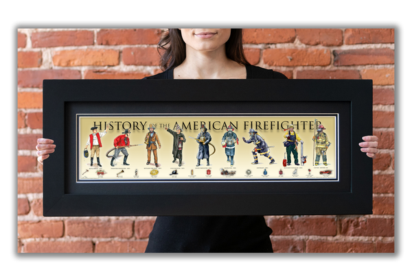 History of the American Firefighter - Framed 2" Black Double Matted, Flat Molding 6" x 24"
