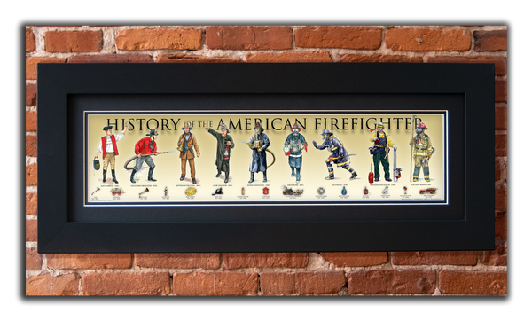 History of the American Firefighter - Framed 2" Black Double Matted, Flat Molding 6" x 24"