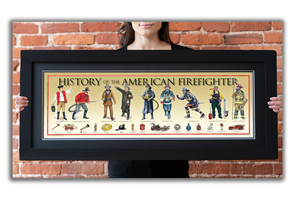 History of the American Firefighter - Framed 2” Black Double Matted, Flat Molding 11 ¾" x 36"