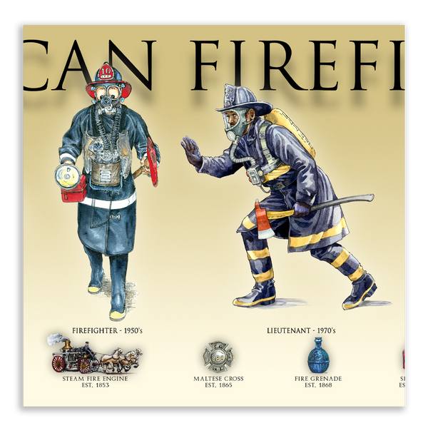 History of the American Firefighter - Framed 2" Black Double Matted, Flat Molding 6" x 24"