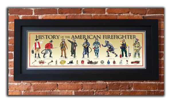 History of the American Firefighter - Framed 2” Black Double Matted, Flat Molding 11 ¾" x 36"