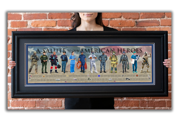A Salute to our American Heroes - Framed 2” Black Double Matted, Grooved Molding 11 ¾" x 36"
