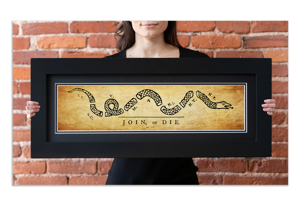 Join or Die - Framed 2" Black Double Matted, Flat Molding 6" x 24"