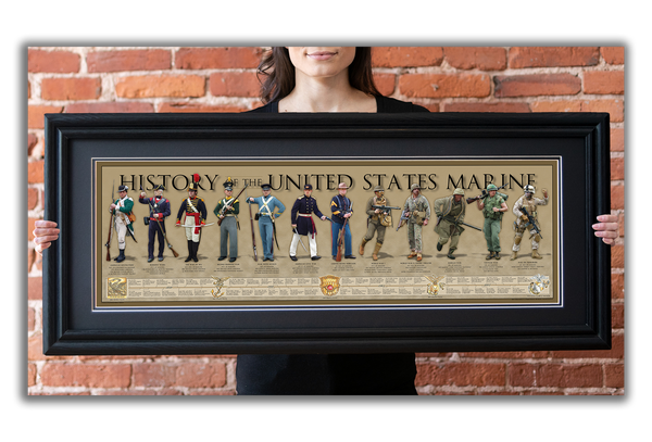 History of the United States Marine - Framed 2” Black Double Matted, Grooved Molding 11 ¾" x 36"