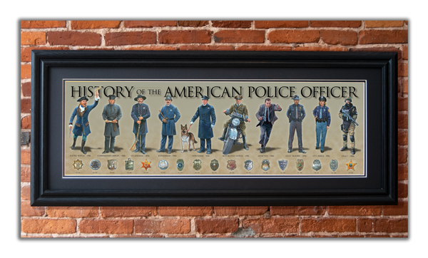 History of the American Police Officer - Framed 2” Black Double Matted, Grooved Molding 11 ¾" x 36"