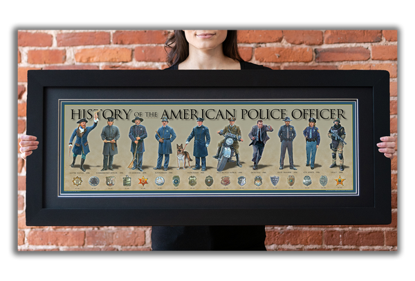 History of the American Police Officer - Framed 2” Black Double Matted, Flat Molding 11 ¾" x 36"
