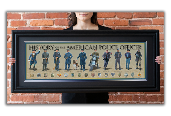 History of the American Police Officer - Framed 2” Black Double Matted, Grooved Molding 11 ¾" x 36"