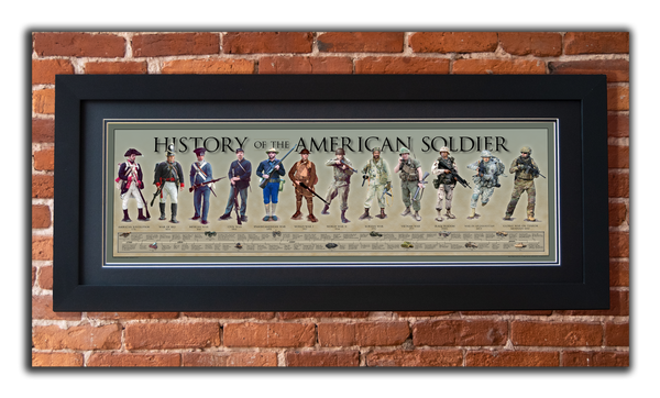 History of the American Soldier - Framed 2” Black Double Matted, Flat Molding 11 ¾" x 36"