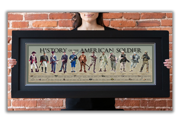 History of the American Soldier - Framed 2” Black Double Matted, Flat Molding 11 ¾" x 36"