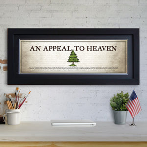 An Appeal To Heaven Flag - Framed 2” Black Double Matted, Flat Molding 11 ¾" x 36"