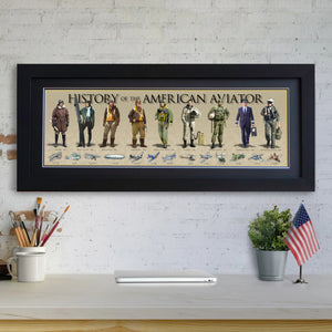 History of the American Aviator - Framed 2” Black Double Matted, Flat Molding 11 ¾" x 36"