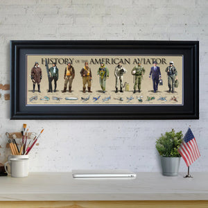 History of the American Aviator - Framed 2” Black Double Matted, Grooved Molding 11 ¾" x 36"