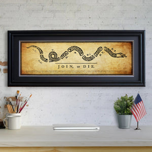 Join or Die - Framed 2” Black Double Matted, Grooved Molding 11 ¾" x 36"