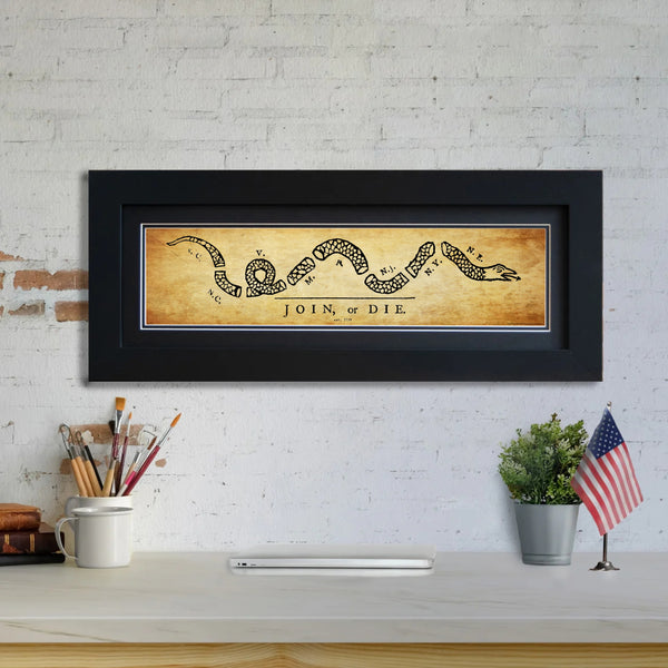 Join or Die - Framed 2" Black Double Matted, Flat Molding 6" x 24"