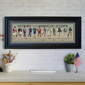 History of the American Soldier - Framed 2” Black Double Matted, Grooved Molding 11 ¾" x 36"